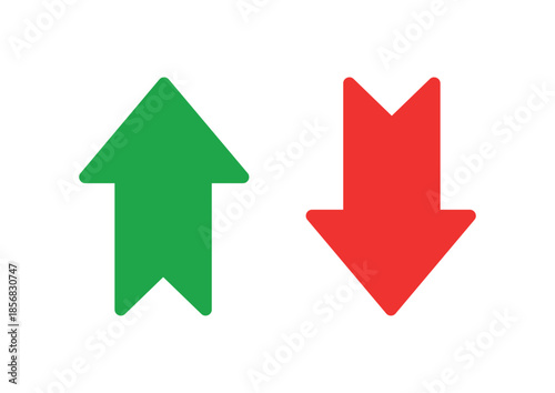 Up and down arrow icon set with green and red colors, flat vector illustration showing increase and decrease direction symbols for finance, analytics, user interface, indicators and trend concept