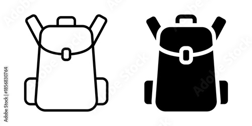 Backpack icon for travel or school use. Linear and silhouette style.