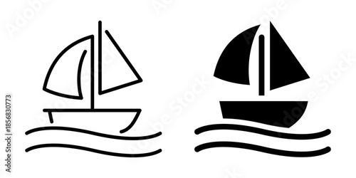 Sailboat icon on waves representing sea travel. Linear and silhouette style.