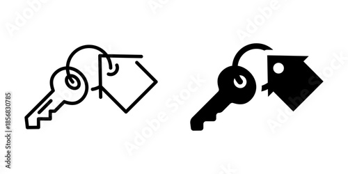 Key with house tag icon for retail use. Linear and silhouette style.