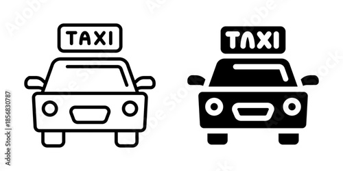 Taxi icon with car and sign for transportation. Linear and silhouette style.