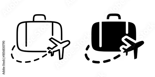 Travel icon with suitcase and airplane symbol. Linear and silhouette style.