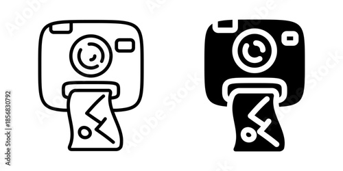 Instant camera icon with photo printout. Linear and silhouette style.