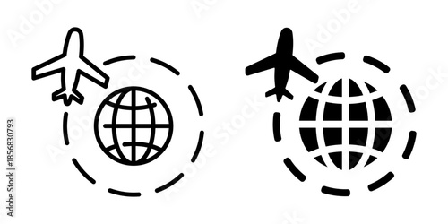 Global travel icon with airplane and globe. Linear and silhouette style.