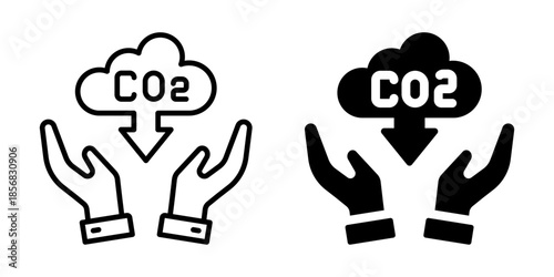CO2 reduction icon with hands and arrow. Silhouette and line style.