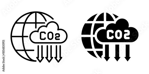 CO2 emission reduction icon with globe. Silhouette and line style.