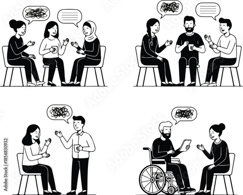 Conversations of Support: A collection of illustrations depicting people engaged in supportive dialogues, conveying the importance of communication and understanding in various contexts.