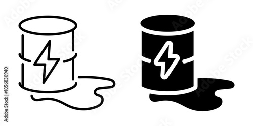 Oil barrel spill icon with energy symbol. Silhouette and line style.