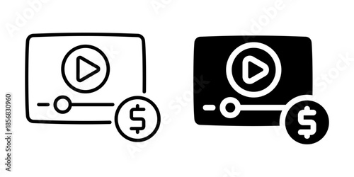 Monetized video content icon with play button and dollar symbol. Linear and silhouette style.