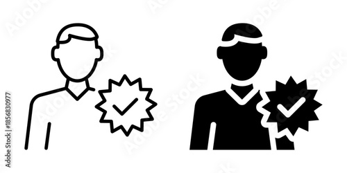 User with verified badge symbolizing approval and trust. Linear and silhouette style.