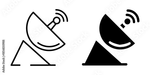 Satellite dish icon representing communication and broadcasting. Linear and silhouette style.