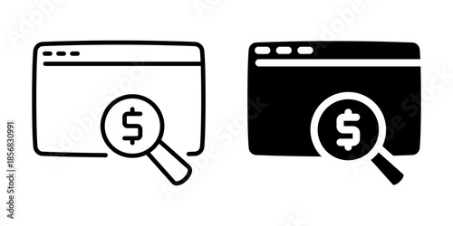Browser search icon with magnifying glass and dollar sign. Linear and silhouette style.
