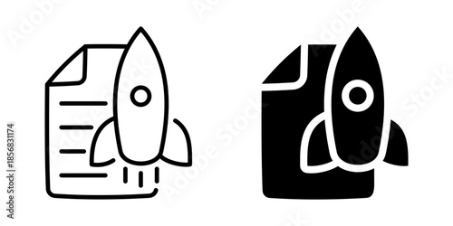 Rocket launching from document icon. Linear and silhouette style.