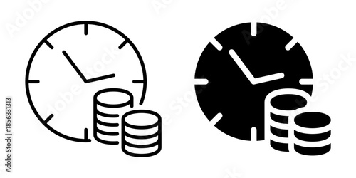 Time and money icon with clock and coins. Linear and silhouette style.