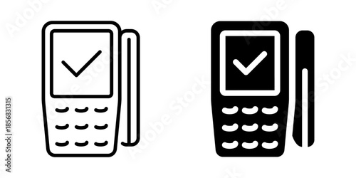 Payment terminal icon with checkmark and card. Linear and silhouette style.