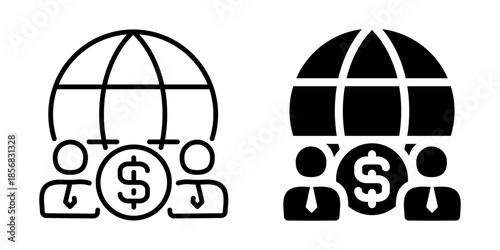 Global business finance icon with people and dollar. Linear and silhouette style.