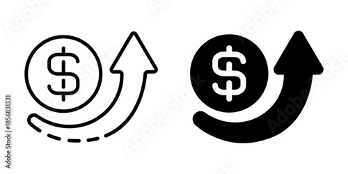 Revenue growth icon with dollar sign and upward arrow. Linear and silhouette style.