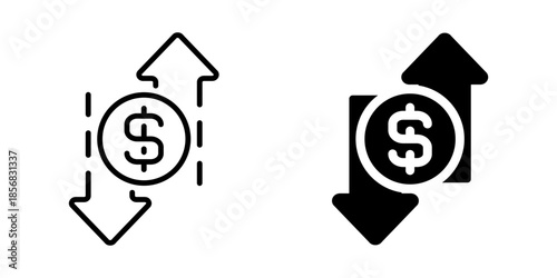 Currency exchange icon with dollar sign and arrows. Linear and silhouette style.