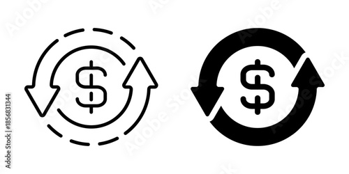 Money circulation icon with dollar sign and arrows. Linear and silhouette style.