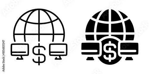 Global online payment icon with dollar symbol. Linear and silhouette style.