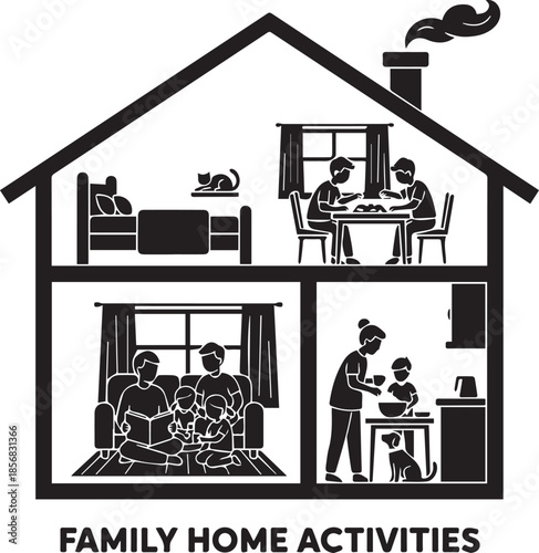 Family Home Activities: A depiction of a cozy house showcases diverse family activities within, embodying warmth and familial bonds.