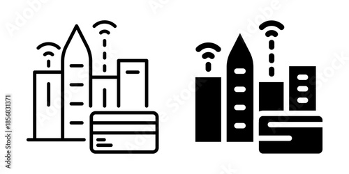 Smart city wallet icon with buildings and signals. Linear and silhouette style.