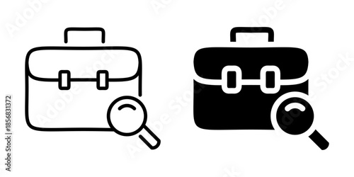 Job search icon with briefcase and magnifying glass. Linear and silhouette style.