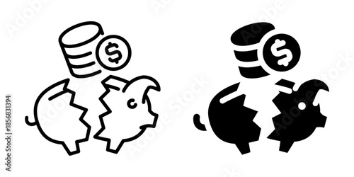 Broken piggy bank icon with falling coins. Linear and silhouette style.