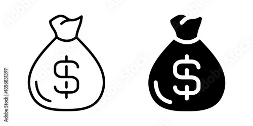 Money bag icon with dollar sign symbol. Linear and silhouette style.