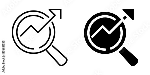 Magnifying glass and growth arrow. Linear and silhouette style.