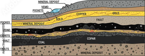A geological cross-section diagram illustrating a mineral deposit formation with layers of rock and soil, labeled with scientific geology terms. Perfect for educational materials, geology