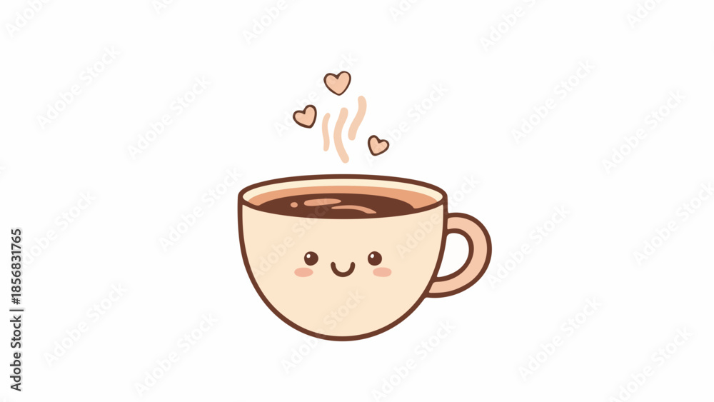 Obraz premium a cup of coffee with stream and heart icons simple kawaii cute flat vector