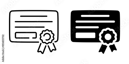 Certificate with ribbon award icon. Line and silhouette icon.