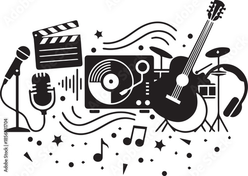 Harmony of Arts: A captivating fusion of creativity, showcasing the symbols of music and film, interwoven to evoke the essence of performance and artistic expression. 