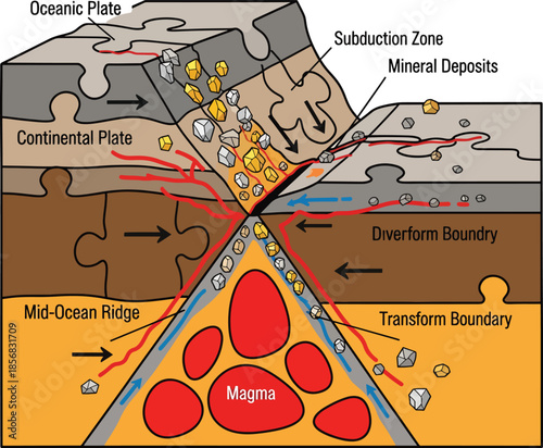 Geological deposit formation at a divergent boundary with subduction zone and mineral resources. Perfect for geology, scientific education, and mineral exploration materials.