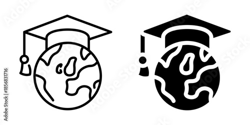 Graduation cap on globe education icon. Line and silhouette icon.