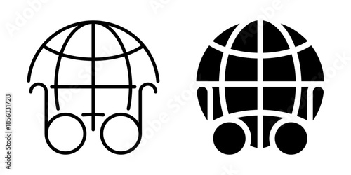 Global shopping cart icon. Line and silhouette icon.
