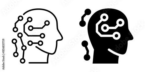 Human head with digital circuit brain icon. Linear and silhouette style.