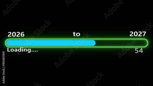 New year 2027 loading bar animation, Loading bar from 2026 to 2027 new year transfer animation. Almost reaching New Year on black background. Welcoming the happy new year 2027. 2026, 2027, year, 