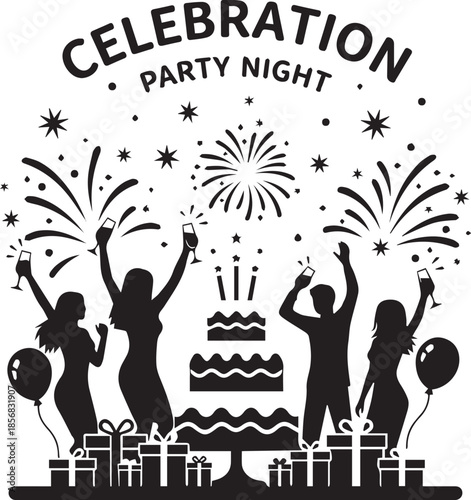 Party Night Celebration Silhouette: Silhouettes of figures celebrate with cake, gifts, and fireworks, set against a night sky, symbolizing joy and camaraderie. 