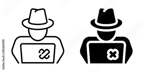 Hacker icon with laptop. Linear and silhouette style.