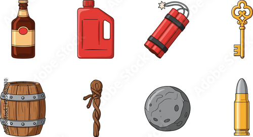 Adventure survival items, beer bottle, fuel can, dynamite, golden key, barrel, rope, asteroid, bullet cartridge - flat vector illustration