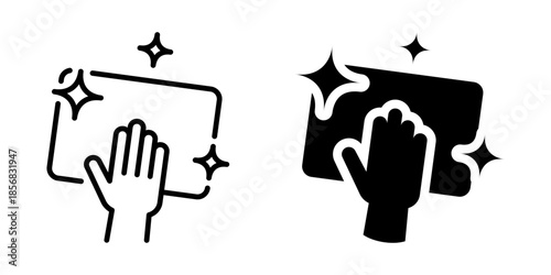 Hand wiping surface with cloth icon. Line and silhouette style.