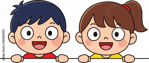 Cartoon boy and girl smiling, holding ledge, cheerful expressions, red and yellow shirts, playful pose - flat vector illustration