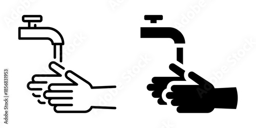 Hands washing under faucet icon. Line and silhouette style.