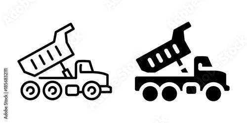 Dump truck unloading icon. Line and silhouette style.