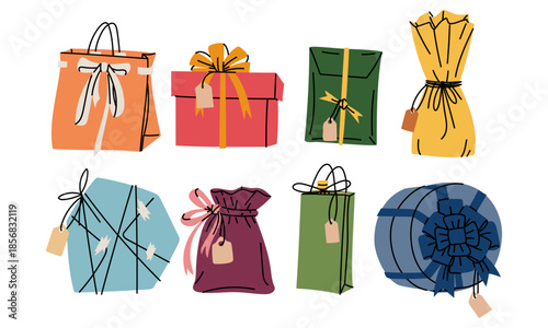 Set of flat colorful Christmas gift boxes, shopping bags, and decorative sacks. Collection of holiday packages with ribbons for greeting cards, seasonal sale banners, or festive graphic design