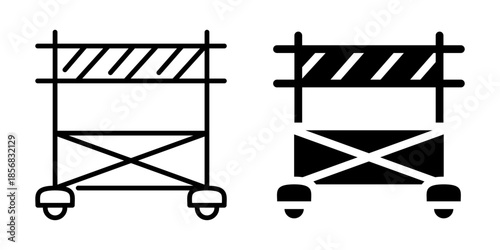 Construction road barrier with traffic cones icon. Line and silhouette style.