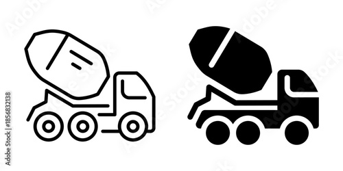 Concrete mixer truck icon. Line and silhouette style.