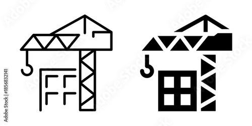 Construction crane building house icon. Line and silhouette style.